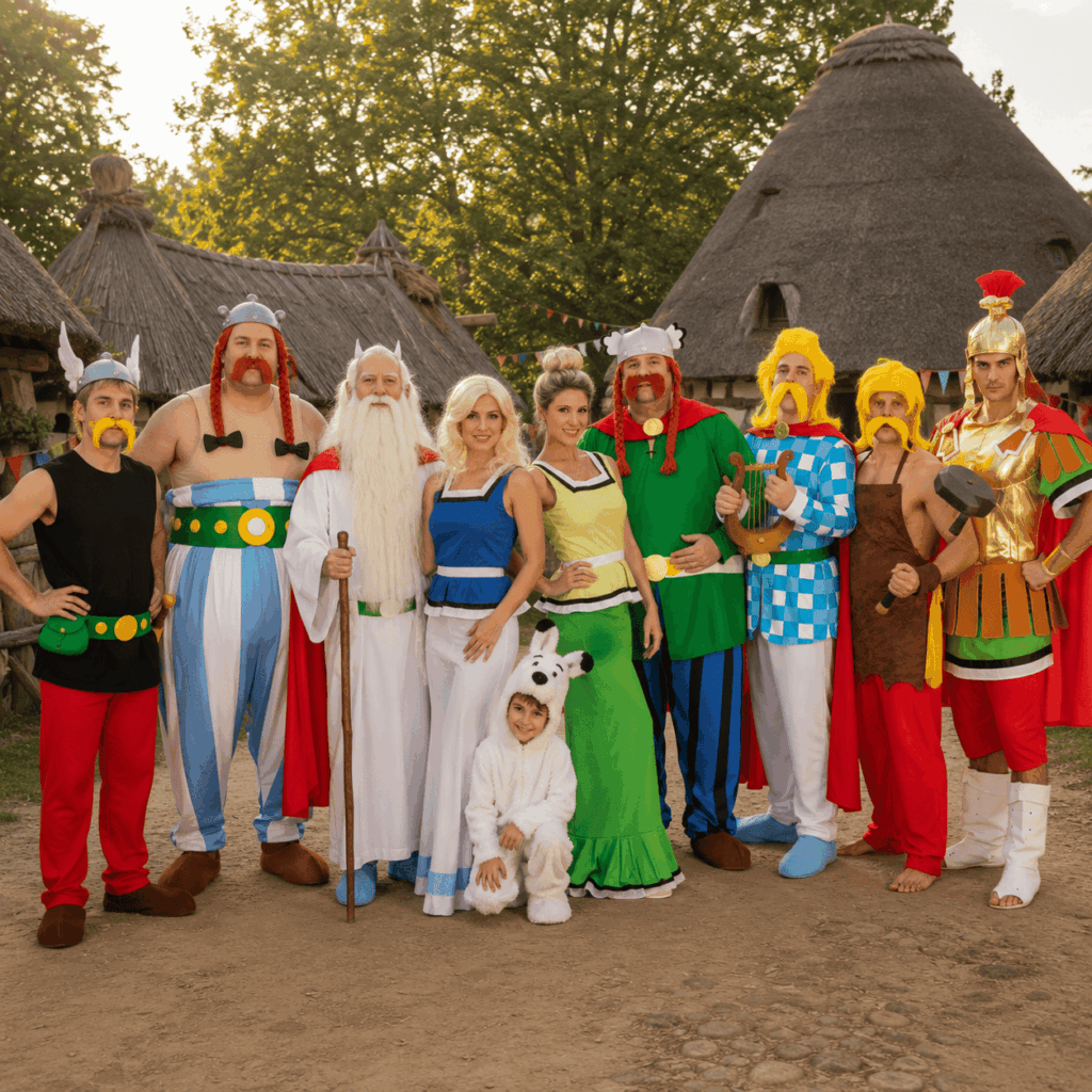 Groupe de personnages costumés inspirés d’Astérix et Obélix alignés dans un village gaulois, avec costumes, perruques, casque, druide, enfant en Idéfix et légionnaire romain.
