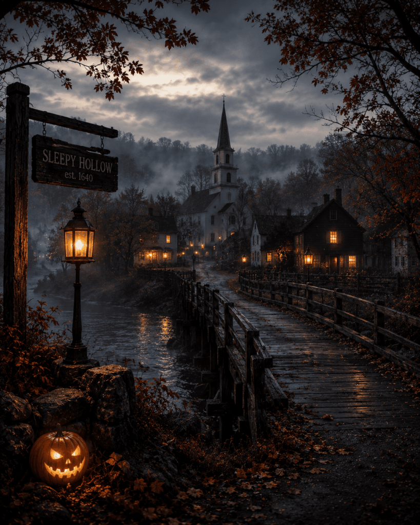 Village de Sleepy Hollow brumeux avec pont en bois et citrouille lumineu (1).png
