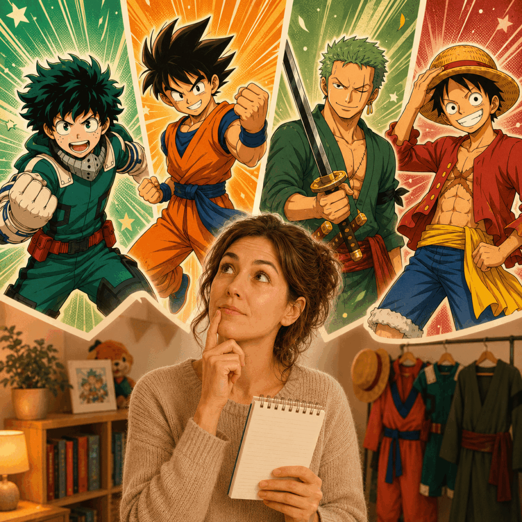 Une mère pensive tient un carnet et observe quatre héros inspirés des univers manga, dont un super-héros vert, un combattant en orange, un sabreur aux cheveux verts et un pirate au chapeau de paille, dans une scène colorée liée au choix d’un déguisement.