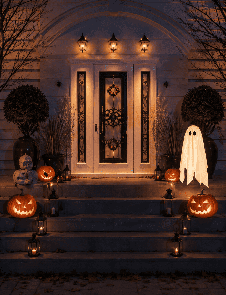Entrée de maison décorée pour Halloween avec citrouilles lumineuses, squelette, fantôme blanc, lanternes et éclairage chaud autour de la porte.