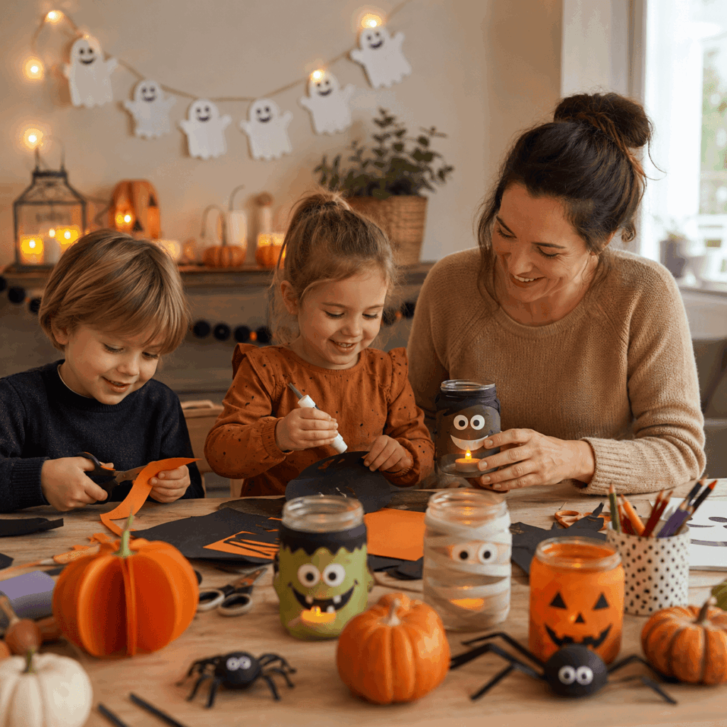 Enfants et parent fabriquent des décorations Halloween faciles avec photophores monstres, citrouilles en papier, araignées rigolotes, guirlande de fantômes et bougies LED dans une ambiance familiale rassurante.