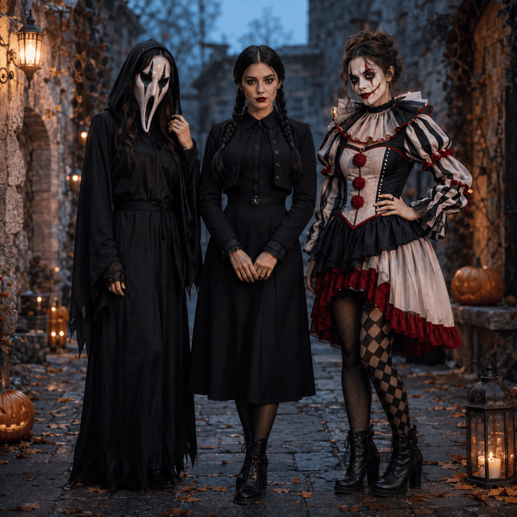 Trois femmes en costumes inspirés du cinéma d’horreur, d’une héroïne gothique et d’un clown maléfique pour Halloween.