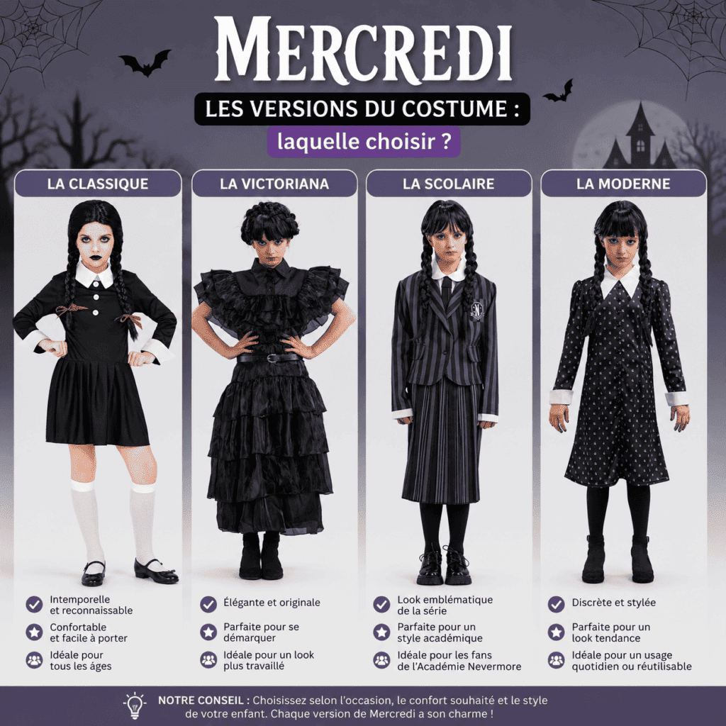 Comparatif des déguisements Mercredi Addams : robe classique, robe victorienne, uniforme Nevermore et tenue moderne.