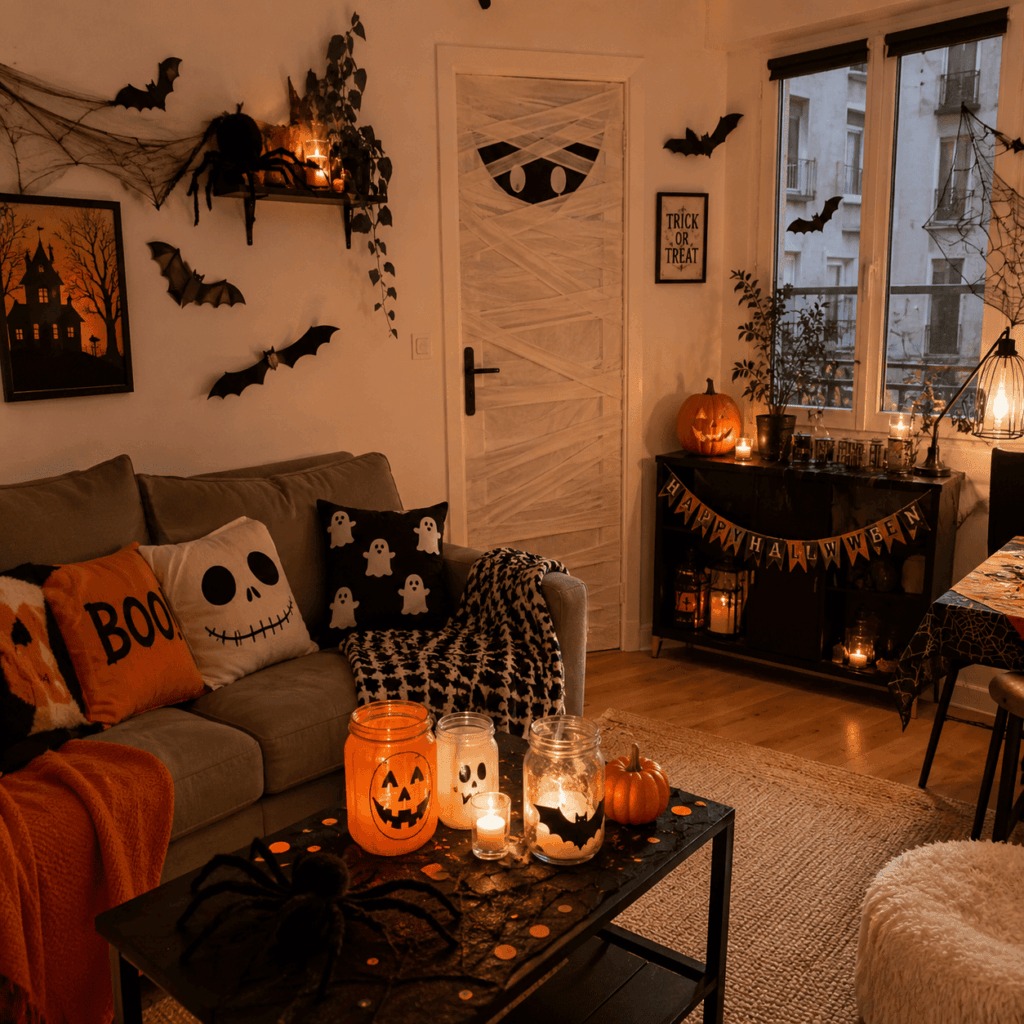 Petit salon d’appartement décoré pour Halloween avec porte transformée en momie, chauves-souris au mur, bocaux lumineux, citrouilles, toile d’araignée, bougies LED et buffet Halloween compact.