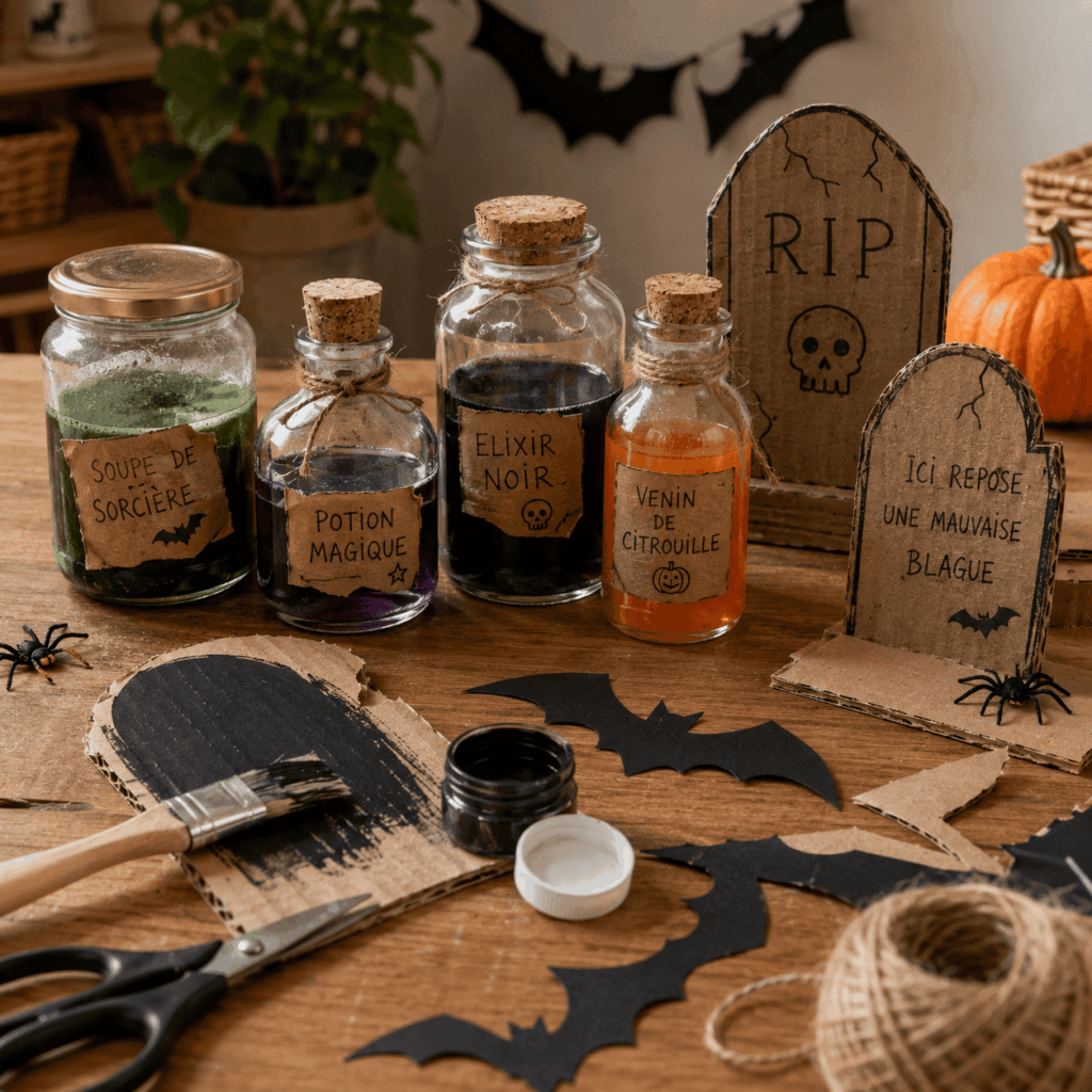 Bocaux recyclés transformés en potions Halloween, fausses pierres tombales en carton, chauves-souris en papier noir, ficelle, peinture et petits accessoires pour une déco Halloween pas chère à faire soi-même.