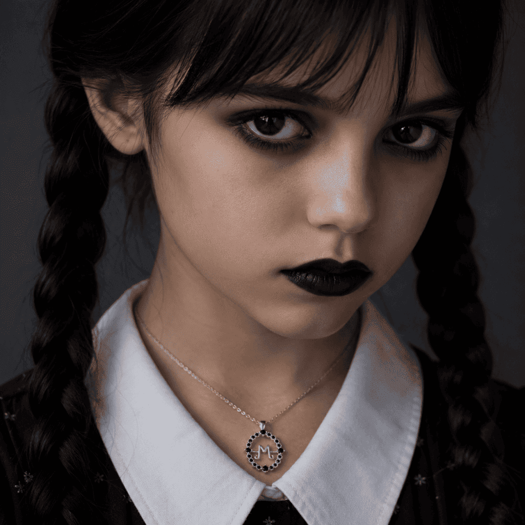 Portrait rapproché d’une jeune fille inspirée de Mercredi Addams avec longues tresses noires, maquillage sombre et collier argenté gothique portant la lettre M, dans une ambiance mystérieuse et élégante.