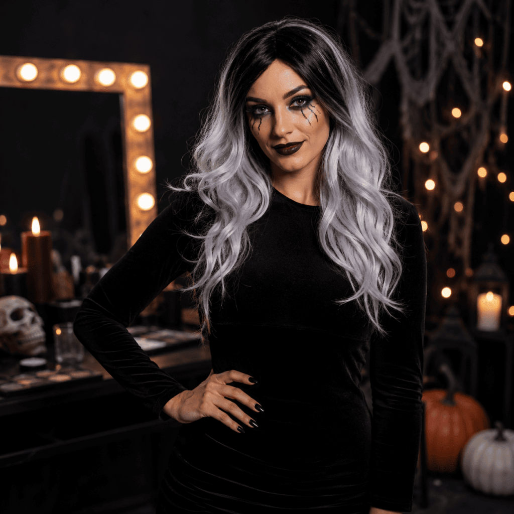 Femme en tenue noire avec perruque blanche et maquillage sombre pour un look Halloween express.