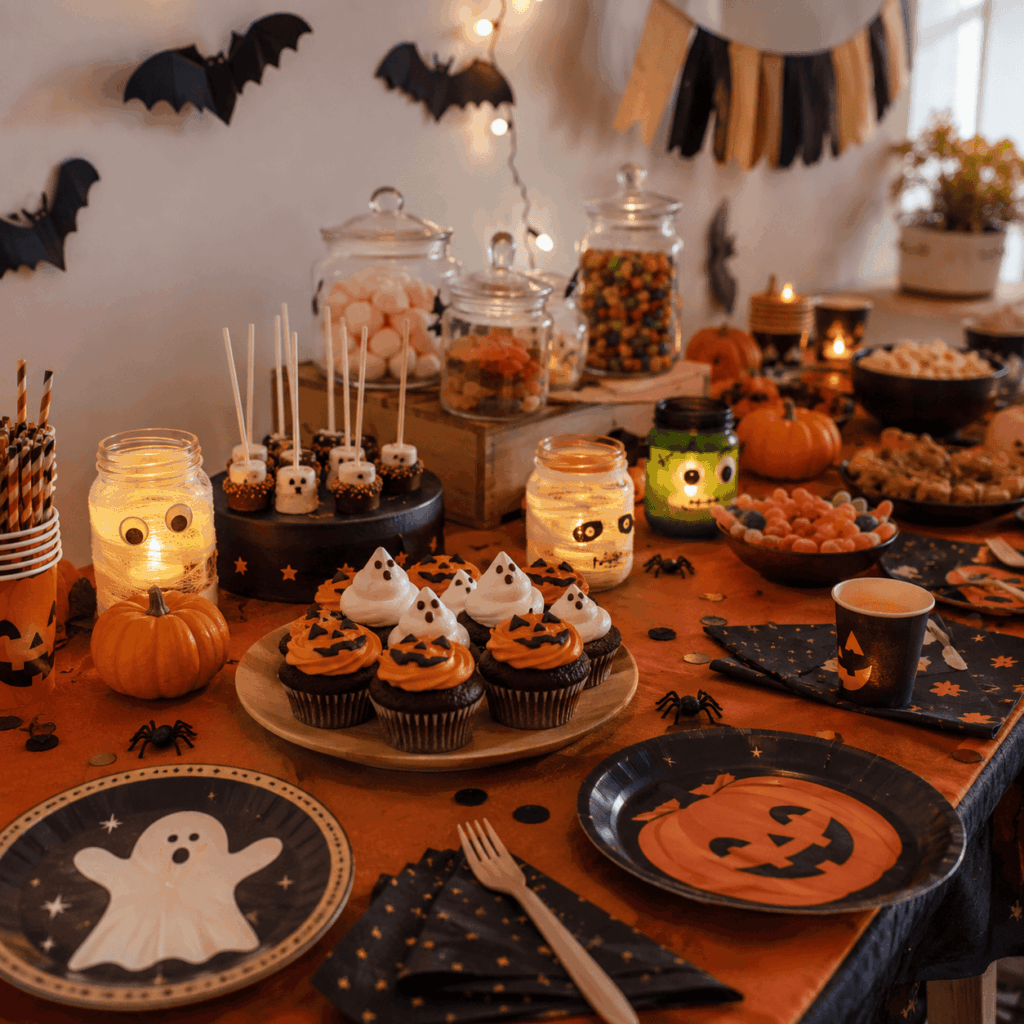 Buffet Halloween décoré avec vaisselle thématique, cupcakes fantômes, bocaux lumineux, bonbons, petites citrouilles, chauves-souris au mur, bougies LED et accessoires DIY dans une ambiance conviviale.