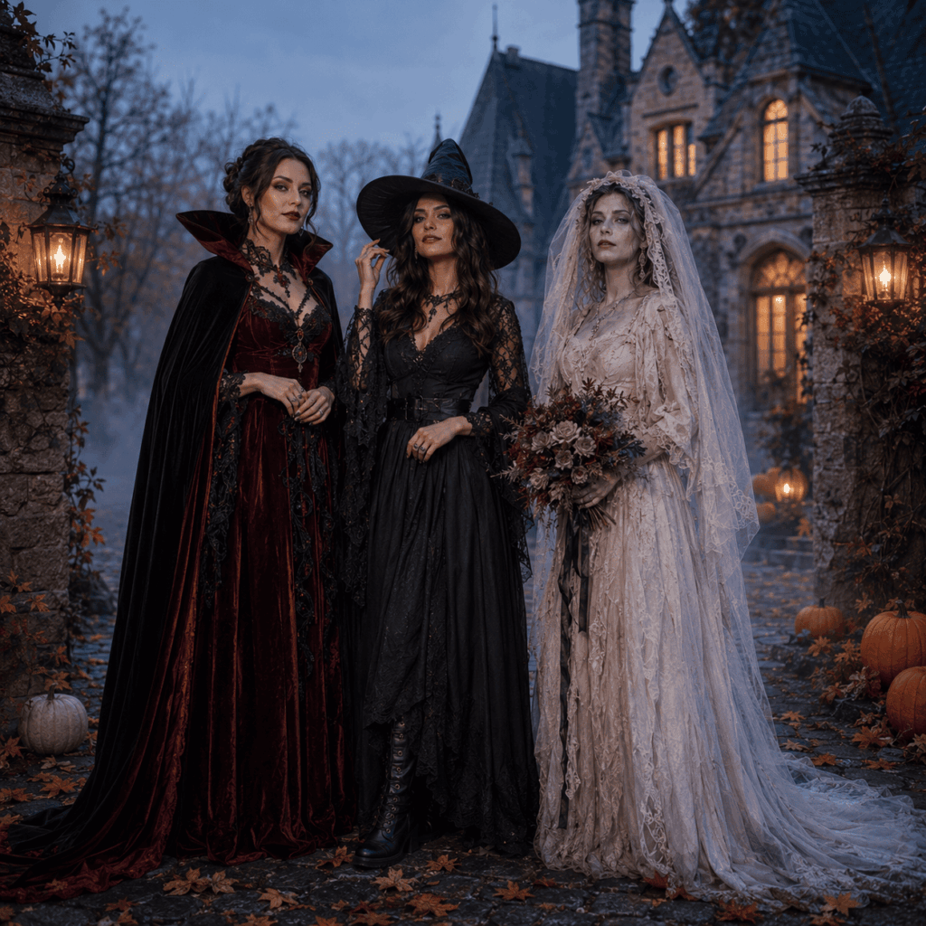 Vampire, sorcière et mariée fantôme en costumes gothiques devant un manoir pour Halloween.