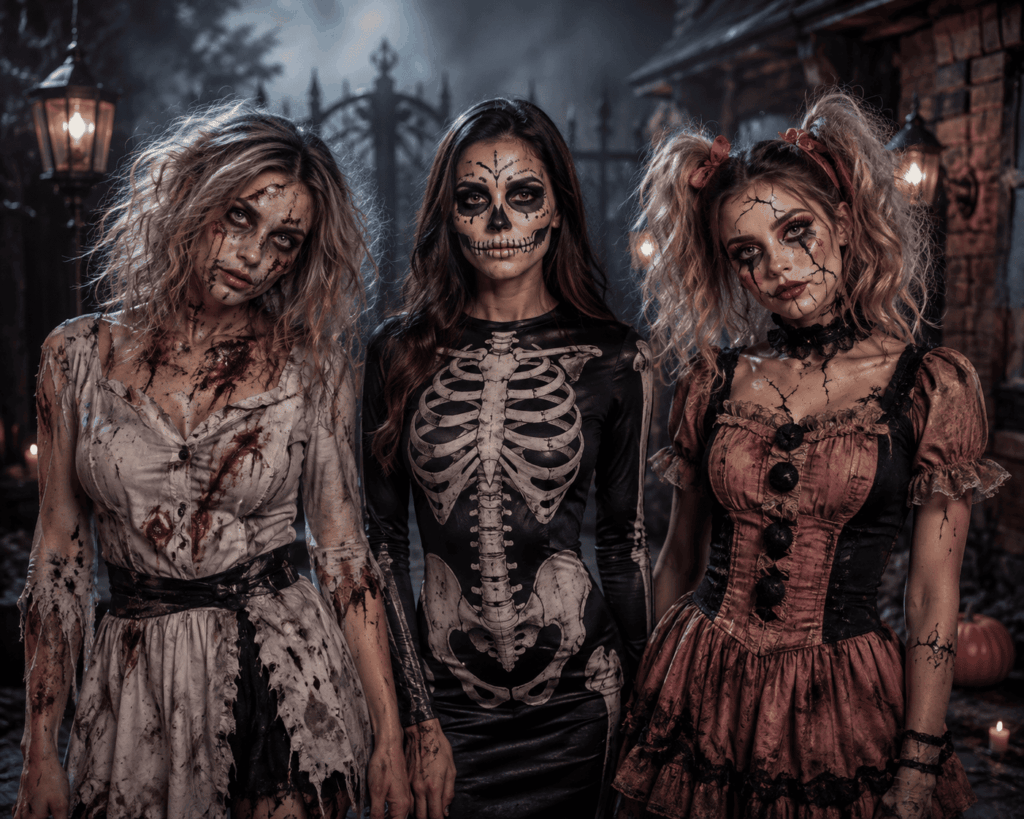 Trois femmes maquillées en zombie, squelette et poupée cassée pour Halloween.