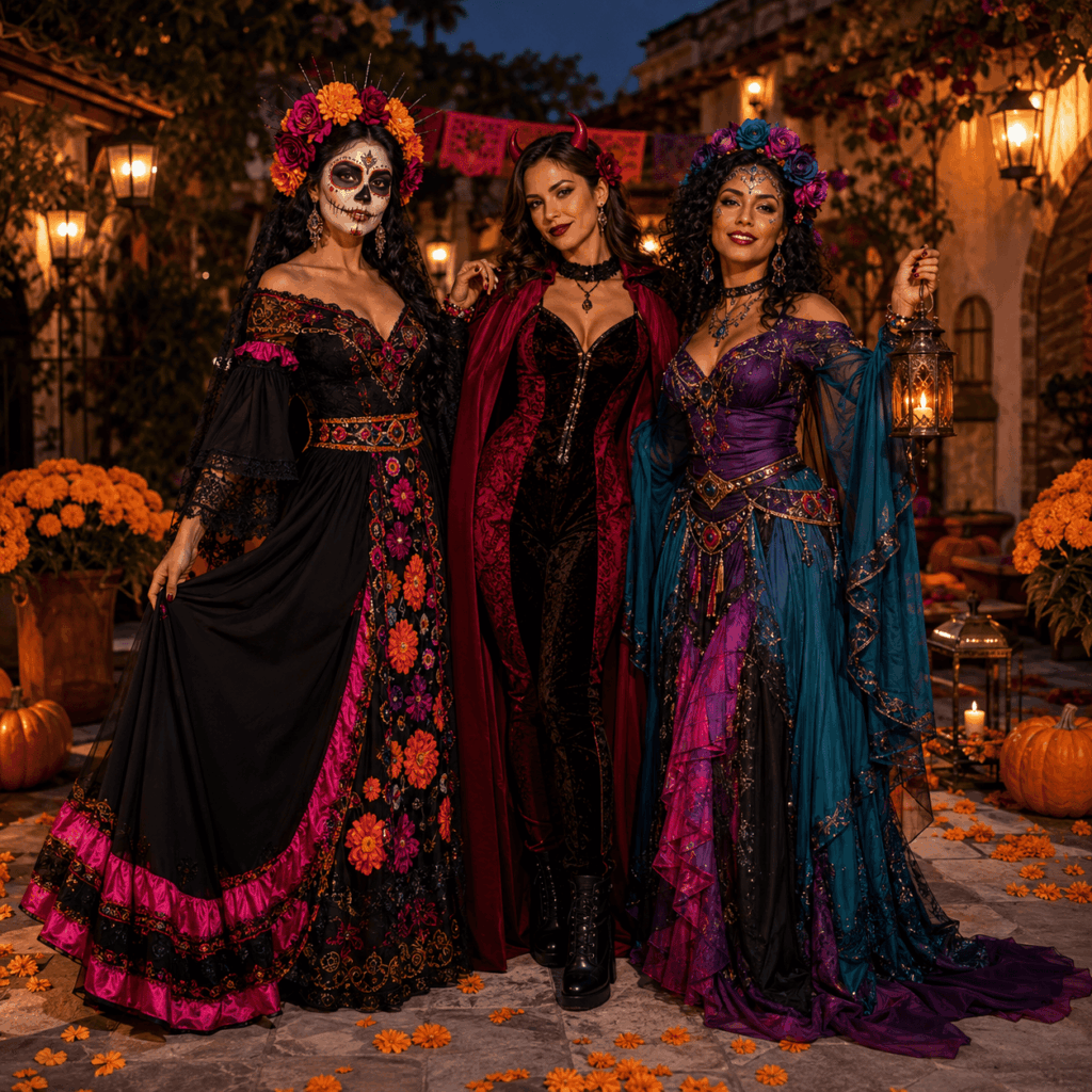 Trois femmes en costumes colorés de Catrina, diablesse et enchanteresse pour Halloween.