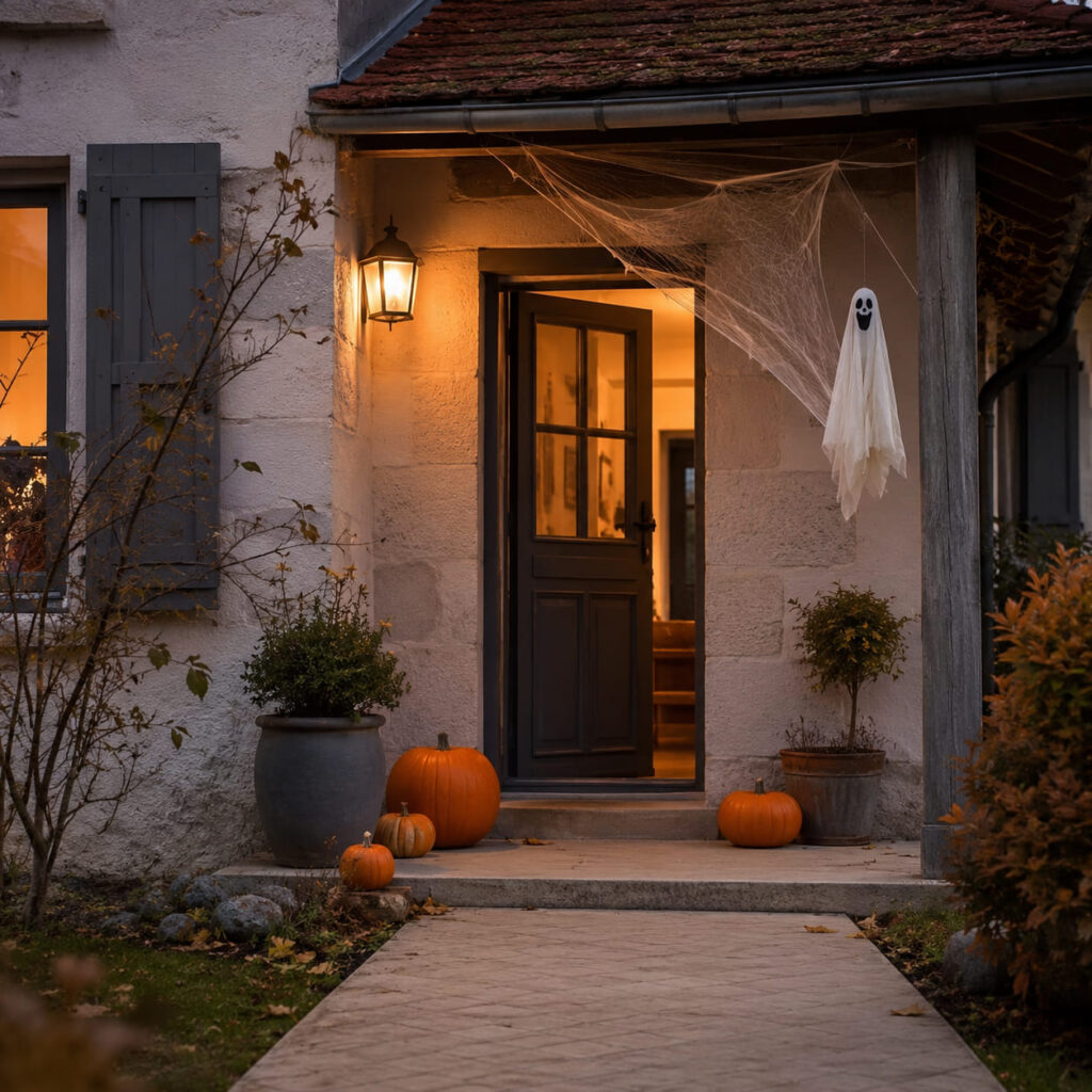 Entrée de maison décorée pour Halloween avec quelques éléments bien coordonnés