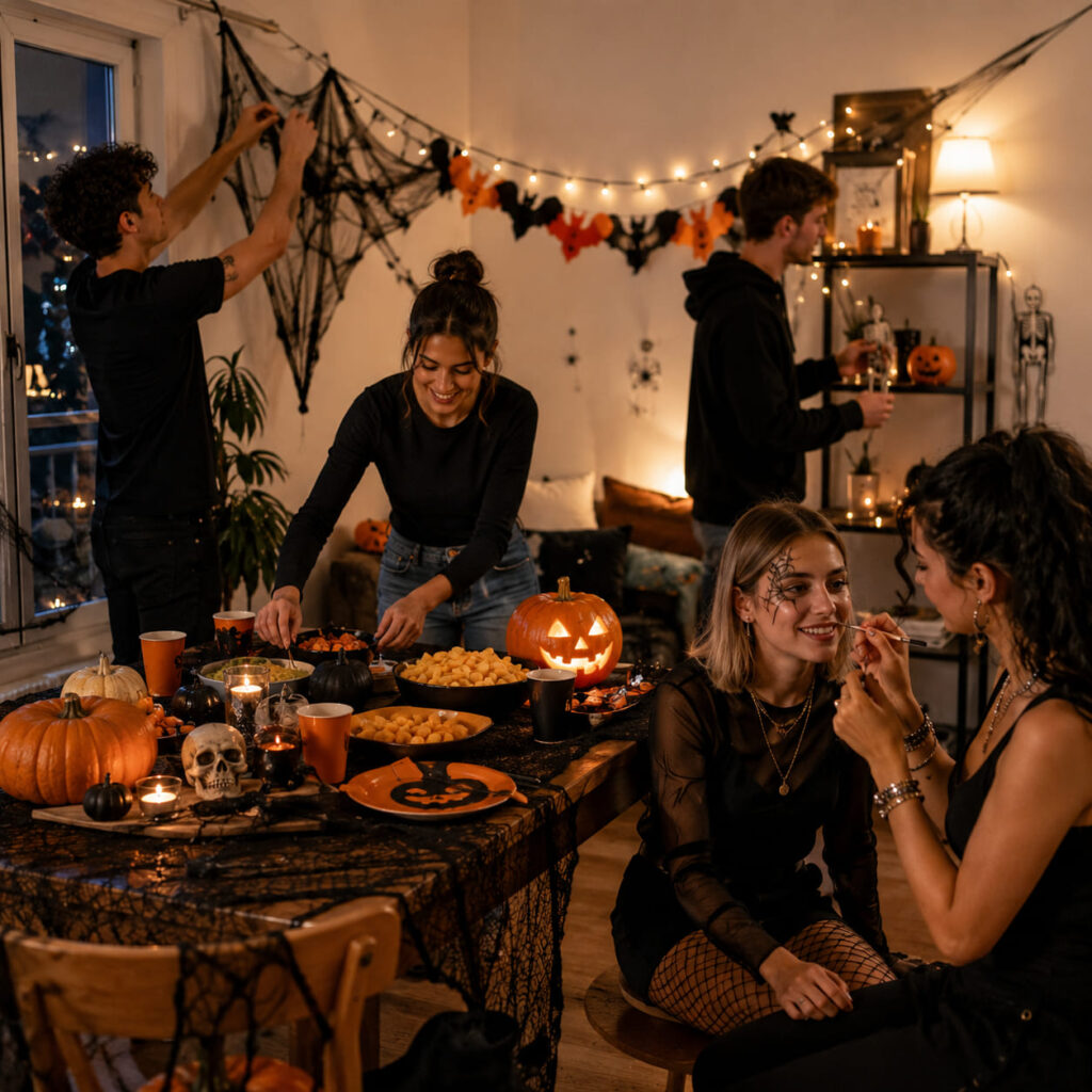 Groupe d’amis préparant ensemble une soirée Halloween avec un budget partagé