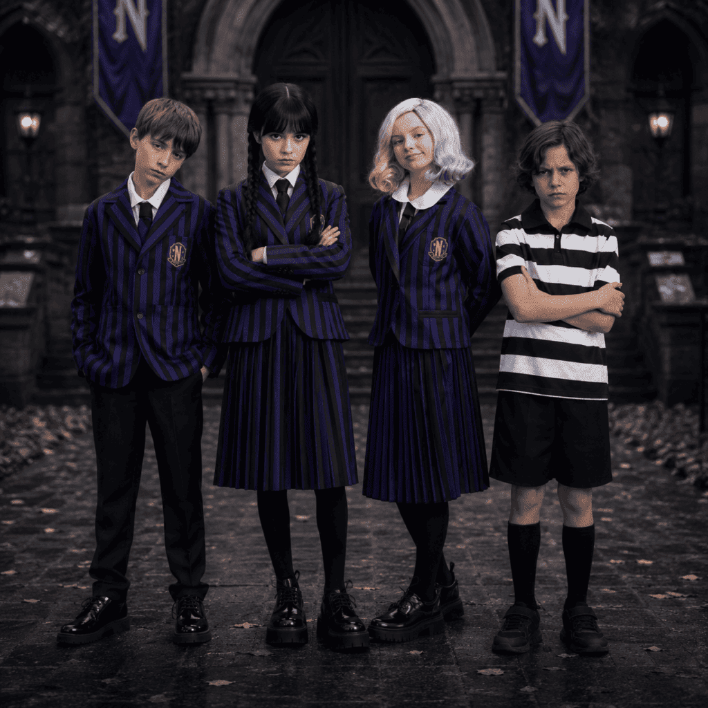 Quatre enfants déguisés dans l’univers Mercredi, avec uniformes rayés façon académie gothique, tenue noire à tresses, look coloré inspiré d’Enid et costume rayé noir et blanc façon Pugsley boudeur.