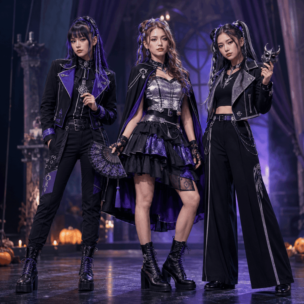 Trois femmes en costumes pop fantasy noirs, violets et argentés pour Halloween 2026.