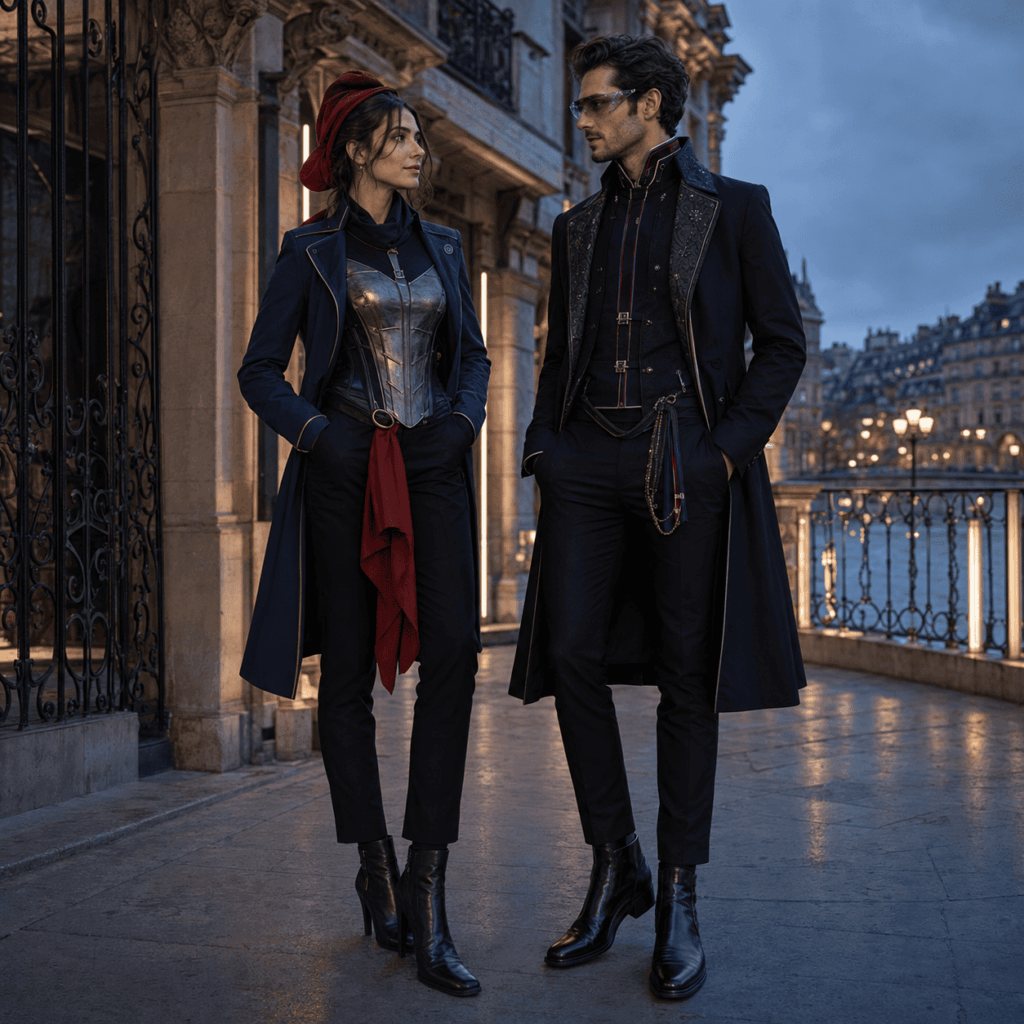 Deux adultes en costumes French Cyberpunk pour Halloween 2026.