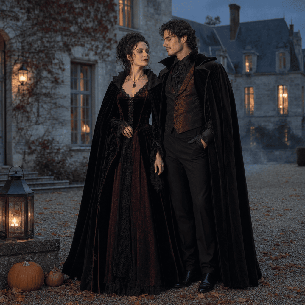 Couple en costumes Vamp Romantic noir et bordeaux pour Halloween 2026.