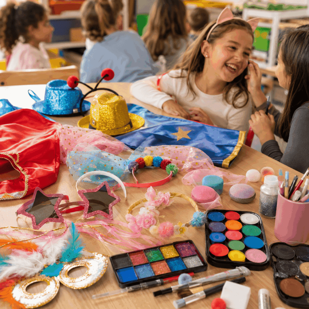 Image carrée montrant une table d’école préparée pour le Carnaval à l’école, avec chapeaux, lunettes fantaisie, serre-têtes, capes courtes, masques légers et maquillage enfant simple pour illustrer une solution festive, pratique et économique.