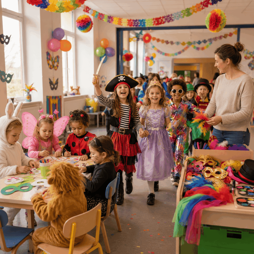 Scène de Carnaval organisée en trois zones avec à gauche des enfants de maternelle en atelier créatif doux, au centre des enfants de primaire dans une animation plus dynamique, et à droite un adulte animateur avec des accessoires de Carnaval.