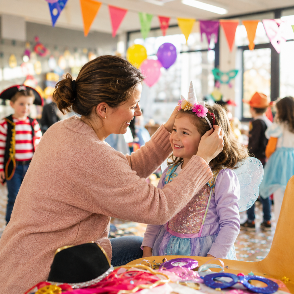 Image carrée montrant un moment complice pendant un Carnaval à l’école, avec un adulte bienveillant qui ajuste un accessoire à un enfant déguisé, dans une ambiance festive et rassurante avec ballons, guirlandes, confettis légers et coin photo coloré.