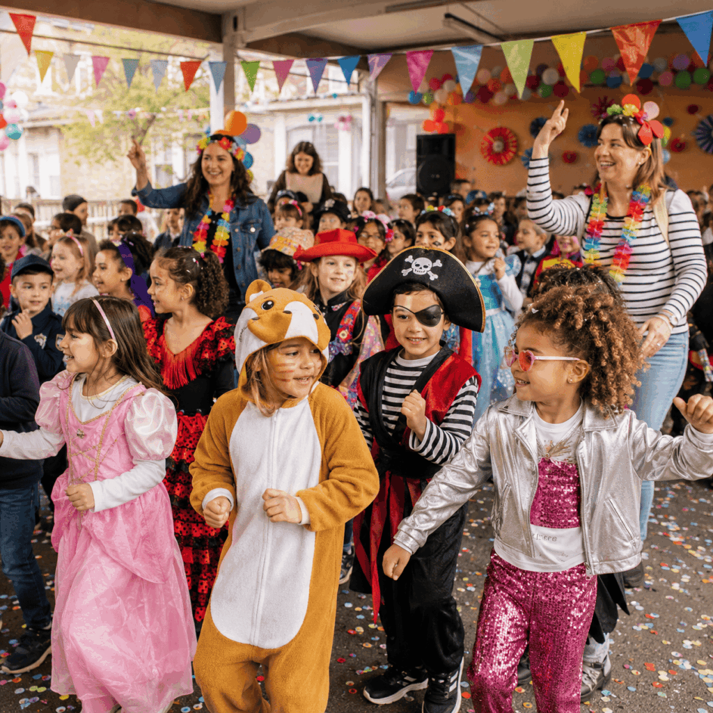 Image carrée montrant une animation de Carnaval à l’école avec des enfants déguisés en pleine danse collective ou mini-parade musicale, accompagnés par des enseignants souriants dans une ambiance festive, colorée et très vivante.