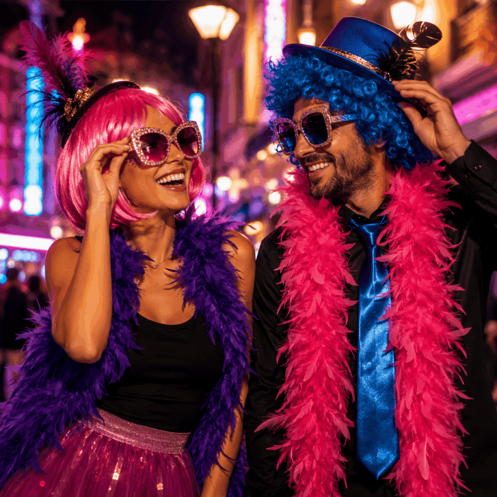 Deux personnes portent des accessoires de Carnaval en mouvement, avec perruque colorée, lunettes fantaisie, boa, chapeau et paillettes dans une ambiance de fête éclairée au néon.