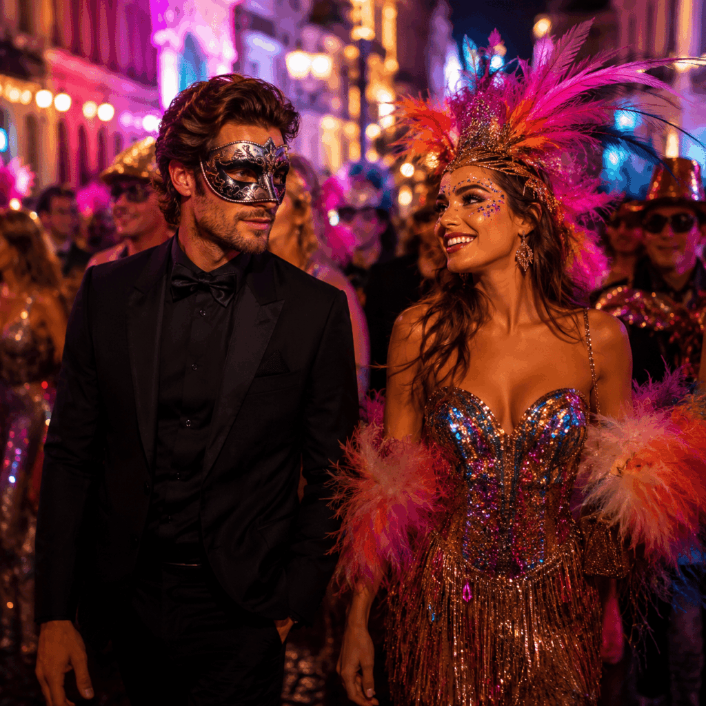 Deux personnes marchent dans une rue de Carnaval éclairée par des néons, l’une avec un masque élégant inspiré d’un bal masqué, l’autre avec des plumes, paillettes et accessoires colorés de parade.