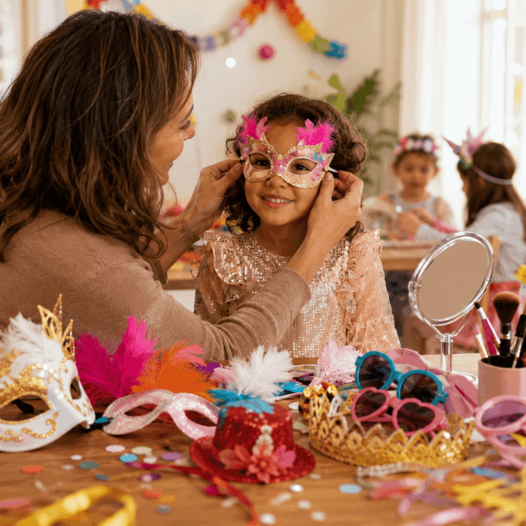 Un adulte aide un enfant à ajuster un masque de Carnaval près d’une table remplie d’accessoires festifs, de couronnes, de plumes, de lunettes fantaisie et de maquillage léger dans une ambiance joyeuse et confortable.