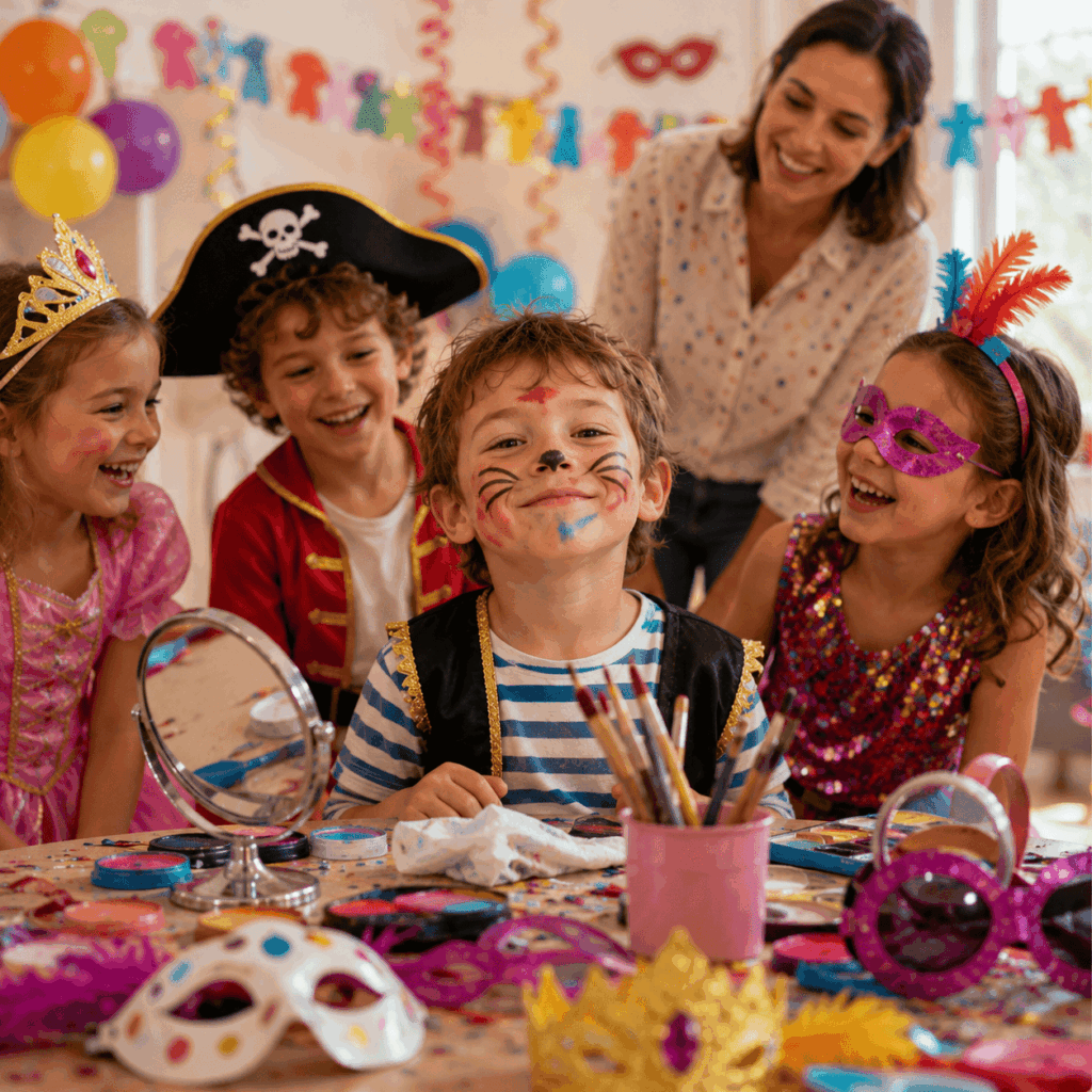 Un enfant s’est maquillé tout seul pour Carnaval avec un résultat coloré et un peu maladroit, pendant que d’autres enfants déguisés sourient gentiment autour de lui dans une ambiance festive et bienveillante.