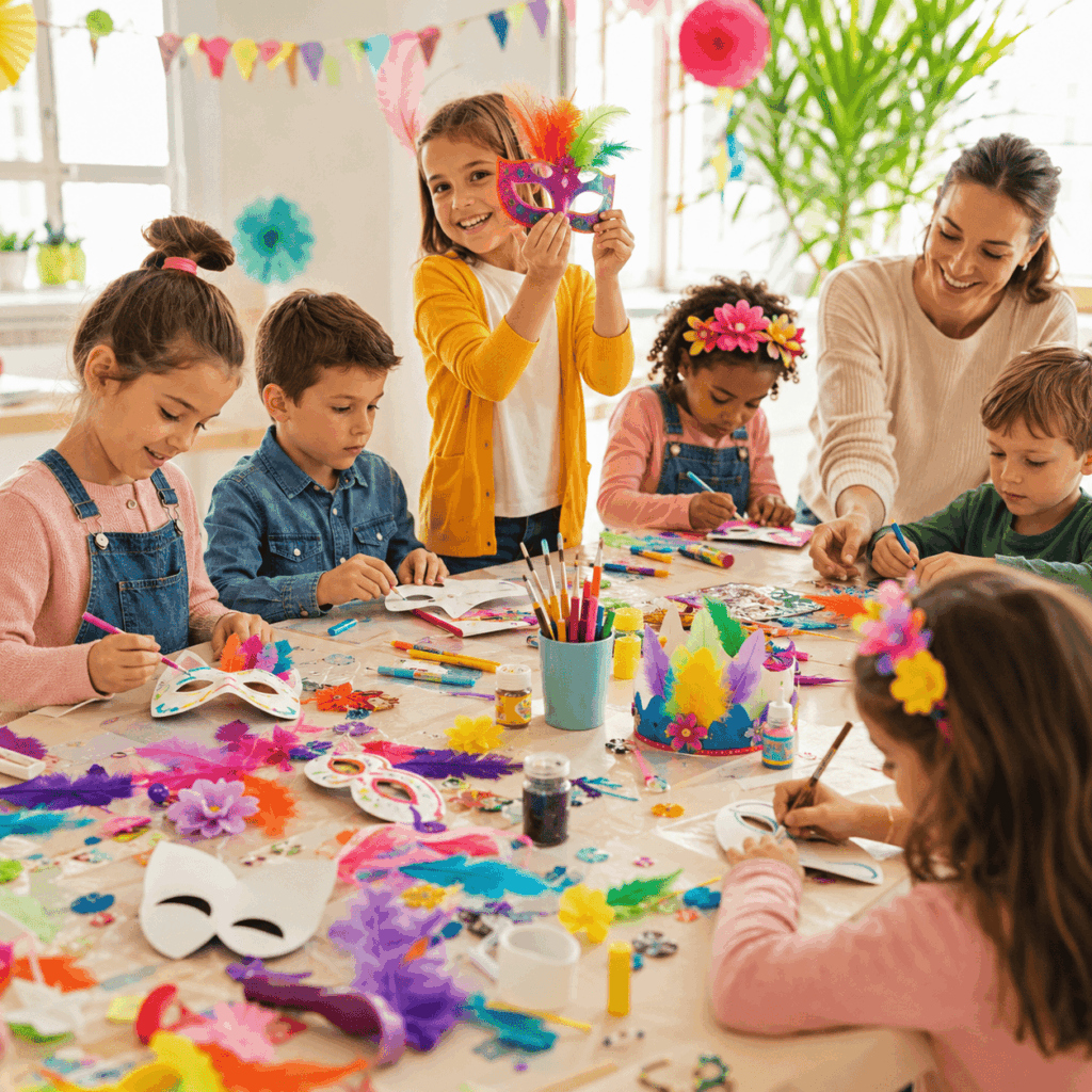 Atelier créatif de Carnaval avec des enfants qui décorent des masques blancs, des masques de chat et des couronnes à colorier avec des plumes, fleurs décoratives, feutres, gommettes et rubans, accompagnés par un adulte.