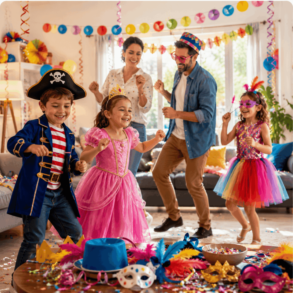 Scène familiale de Carnaval à la maison avec des enfants déguisés qui participent à une petite animation festive dans un salon lumineux décoré avec des ballons, masques, accessoires et confettis légers.