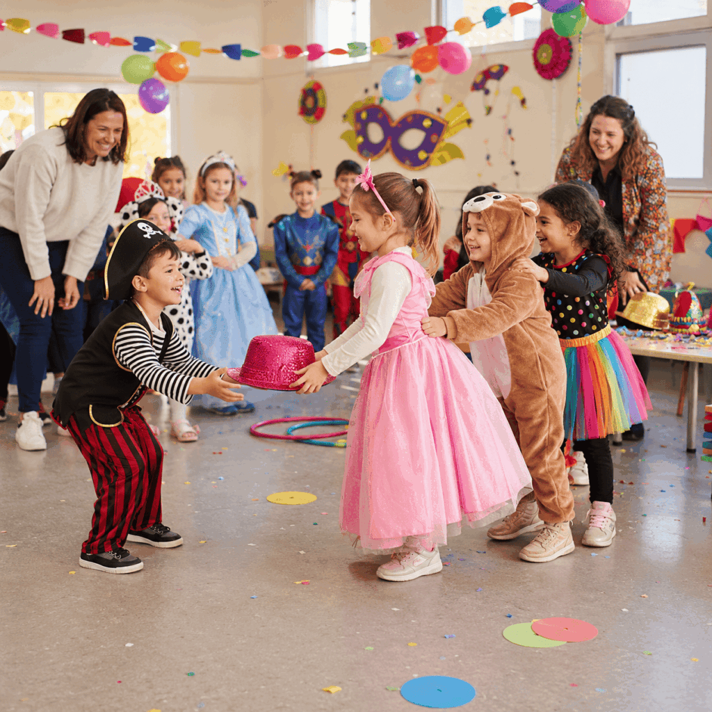 Groupe d’enfants déguisés participant à un jeu de Carnaval dans une école, une APE ou un centre de loisirs, avec des accessoires colorés, des adultes encadrants et une ambiance festive bien organisée.