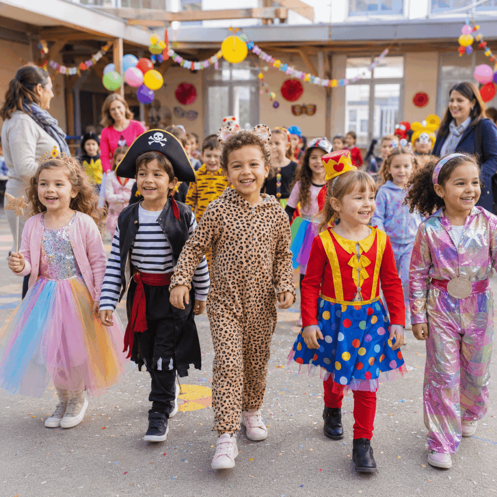 Petit défilé de Carnaval dans une école ou une salle polyvalente décorée, avec plusieurs enfants déguisés qui avancent en souriant, accompagnés par quelques adultes, dans une ambiance festive, simple et colorée.