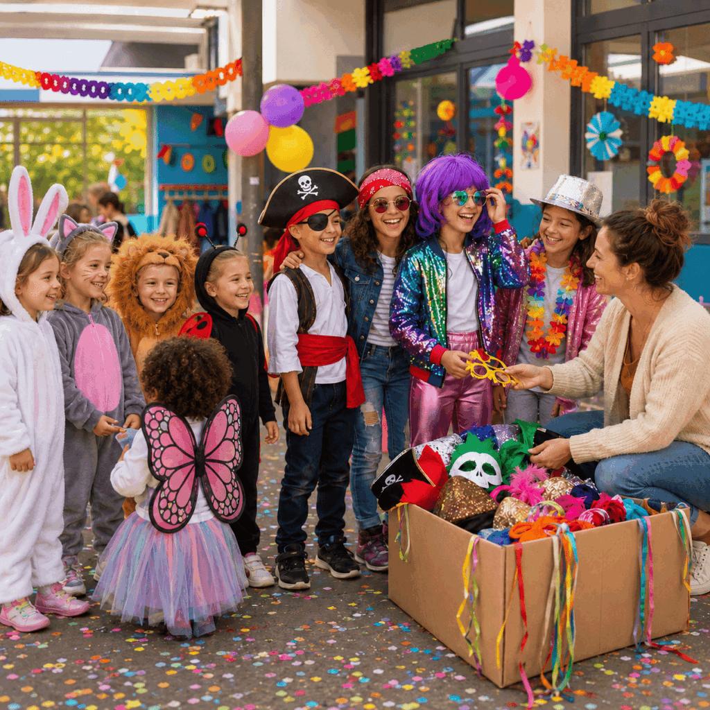 Image carrée montrant trois groupes d’enfants préparant un Carnaval à l’école : des maternelles en déguisements d’animaux doux, des primaires en tenues pirates ou disco, et un animateur de centre de loisirs avec une boîte d’accessoires colorés.