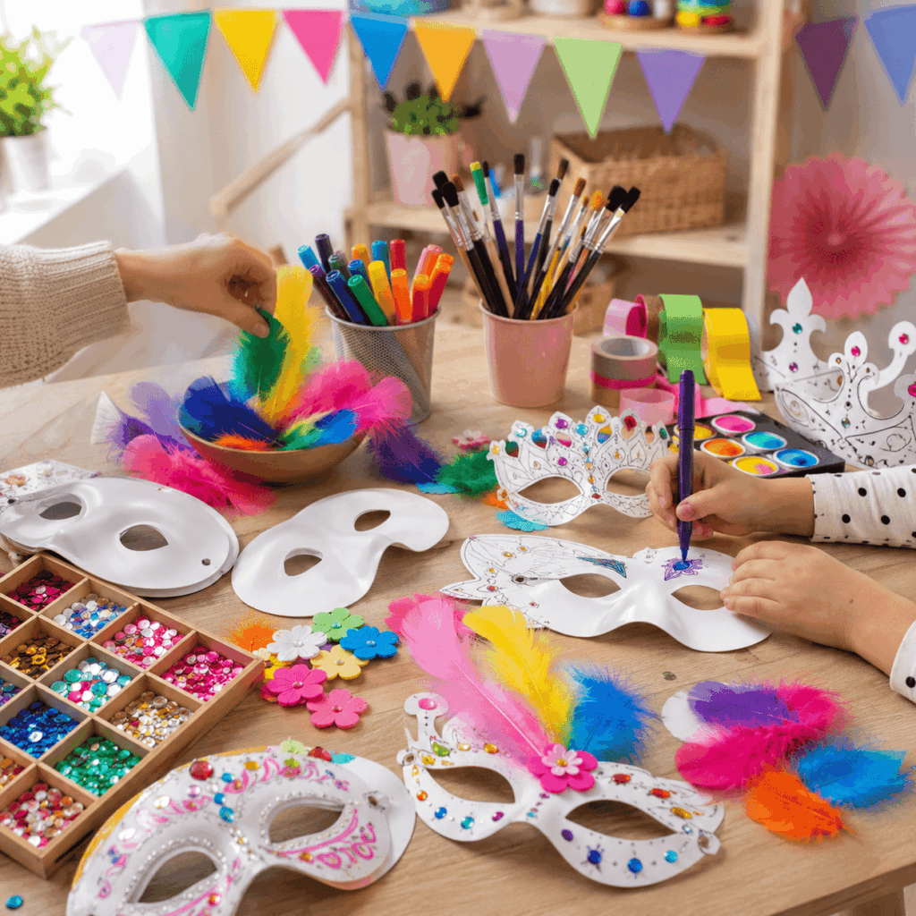 Table de préparation pour des activités de Carnaval avec masques blancs, couronnes à colorier, plumes, fleurs décoratives, feutres, accessoires festifs et matériel créatif, dans une ambiance joyeuse et organisée.