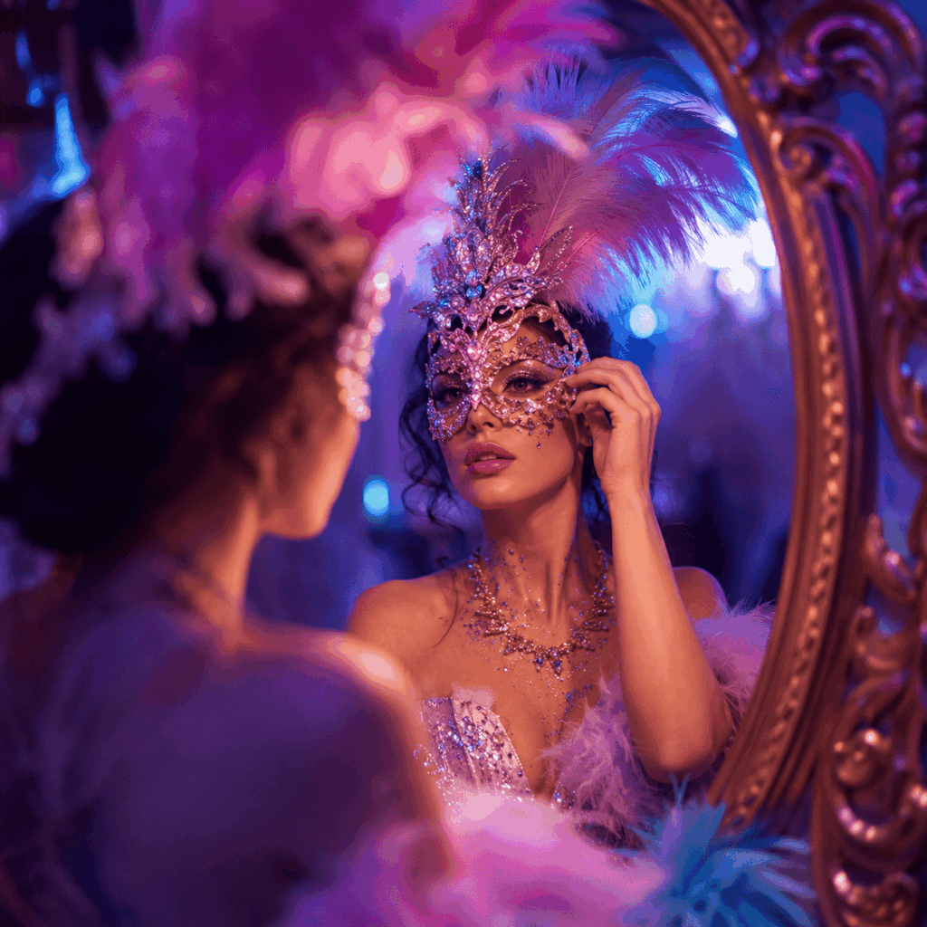 Une personne ajuste son accessoire de Carnaval devant un miroir, dans une ambiance élégante aux lumières néon, avec un maquillage pailleté et un masque raffiné qui soulignent la transformation du look.