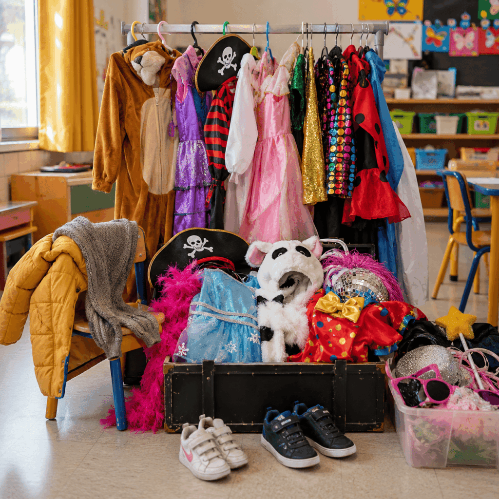Image carrée montrant un portant et une malle de déguisements enfants pour Carnaval à l’école, avec costumes de pirate, animal, princesse, disco et cirque joyeux, chaussures confortables et manteau visible pour illustrer le choix de tenues pratiques et adaptées aux enfants.