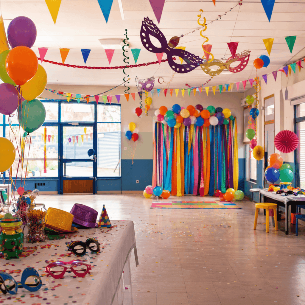Image carrée montrant une décoration Carnaval pour école dans un préau ou une salle polyvalente, avec guirlandes, ballons, masques suspendus, table festive et coin photo coloré pour créer une ambiance joyeuse et facile à organiser.