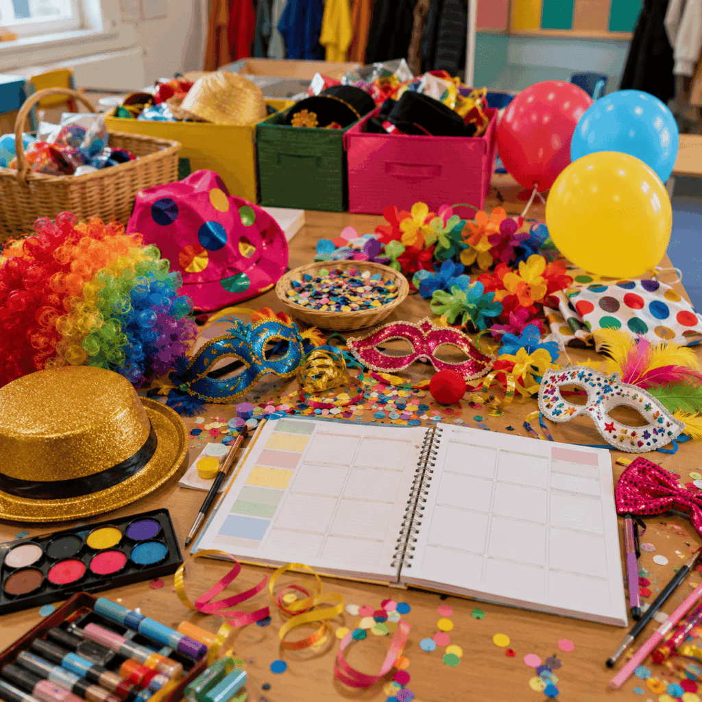 Image carrée montrant une table bien organisée pour préparer un Carnaval à l’école, avec accessoires festifs, masques, maquillage, guirlandes, ballons, confettis, planning sans texte lisible et petites boîtes par classe.