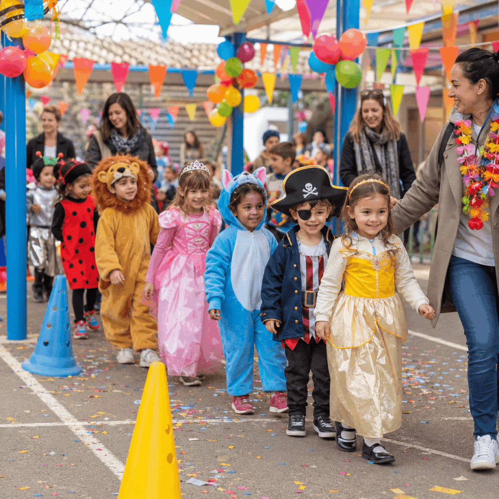 Mini-défilé de Carnaval dans une cour d’école avec enfants déguisés et adultes encadrants.