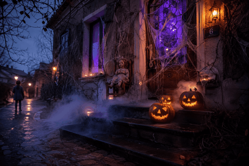 Entrée d'une maison décorée pour Halloween la nuit, 
avec une lumière violette derrière la porte, une brume 
basse qui glisse sur les marches, une poupée hantée 
assise sur une chaise en bois et des citrouilles 
sculptées lumineuses disposées sur le perron.