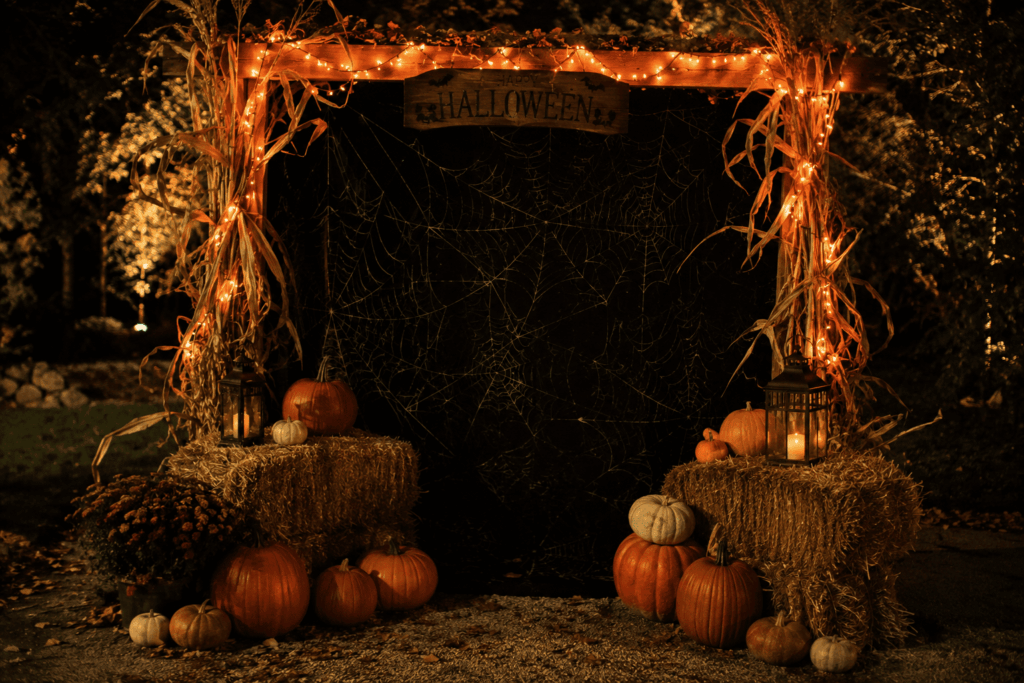 Décor photobooth Halloween installé dans un jardin de nuit, avec arche rustique en bois décorée de guirlandes lumineuses orange, feuilles de maïs séchées, bottes de foin, citrouilles de différentes tailles, lanternes chaleureuses et fond noir à motif toile d’araignée.