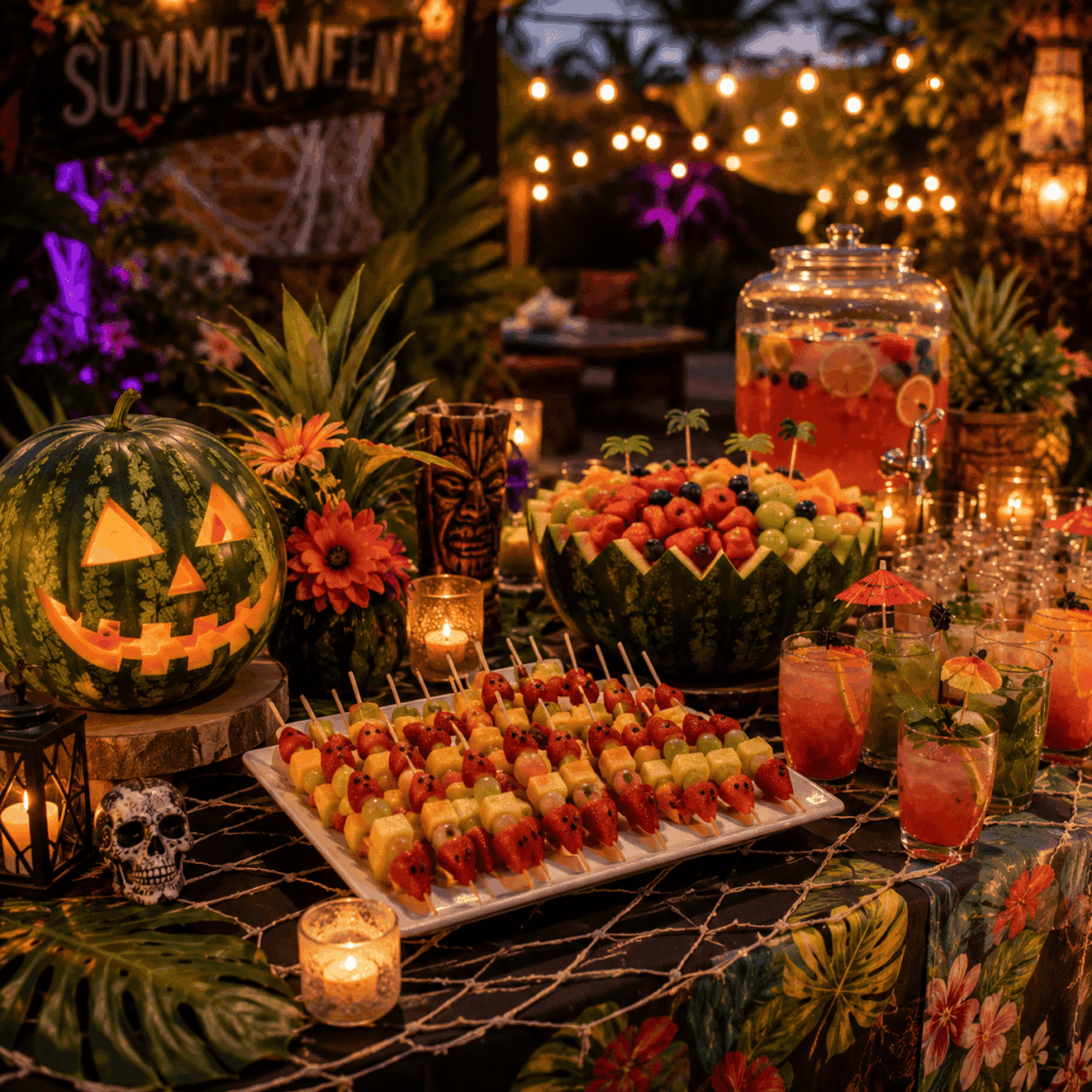 Un buffet Summerween familial présente des brochettes de fruits, une pastèque sculptée, une grande coupe de fruits et plusieurs cocktails colorés, dans une ambiance tropicale Halloween chaleureuse et réaliste.