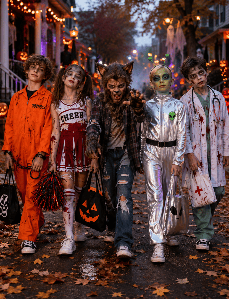 Groupe d’enfants en costumes Halloween originaux avec prisonnier orange, pompom girl zombie, loup-garou, alien et médecin zombie dans une rue décorée.