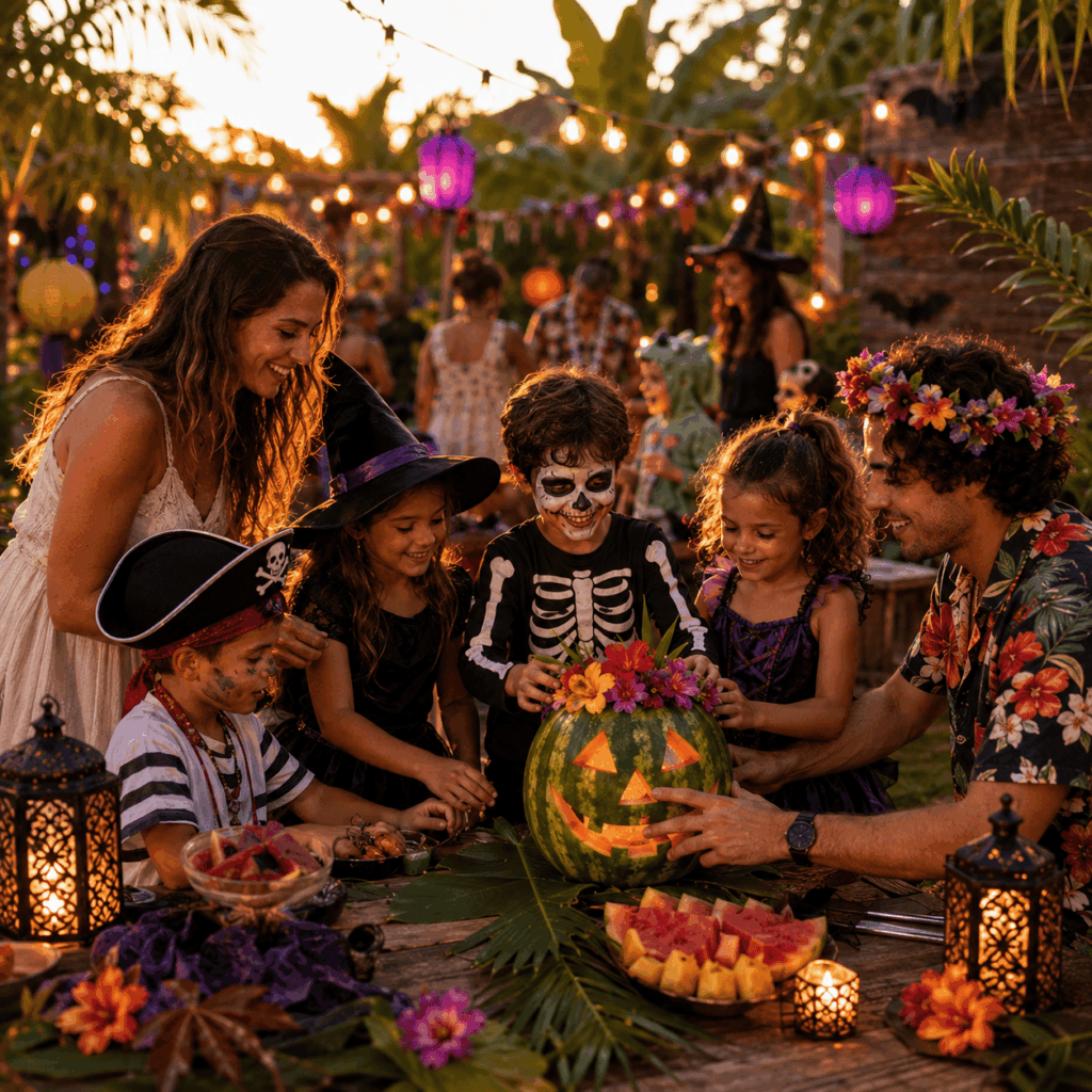 Des enfants déguisés en pirate, sorcière, squelette et petite créature décorent une pastèque sculptée avec deux adultes lors d’une fête Summerween familiale au coucher du soleil, dans un jardin tropical illuminé.