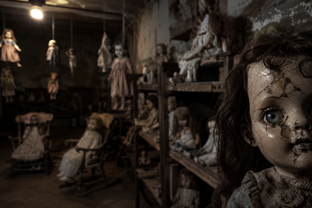 Décor Halloween intérieur dans un garage sombre transformé en maison de poupées hantée, avec poupées anciennes aux visages fissurés, regard inquiétant au premier plan, étagères en bois, poupées suspendues, fauteuils à bascule, ampoule nue, murs abîmés, sol poussiéreux et toiles d’araignée.