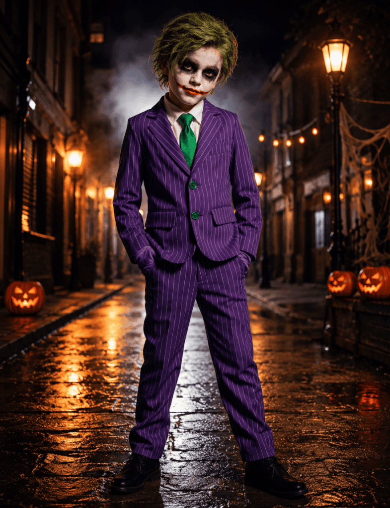 Un garçon de 8 à 10 ans porte un déguisement Halloween inspiré d’un personnage de clown moderne, avec costume violet rayé, cravate verte, gants violets, perruque verte et maquillage sombre. Cette image illustre les costumes garçon liés aux références culturelles fortes, aux personnages reconnaissables et aux looks plus affirmés à partir de 8 ans.