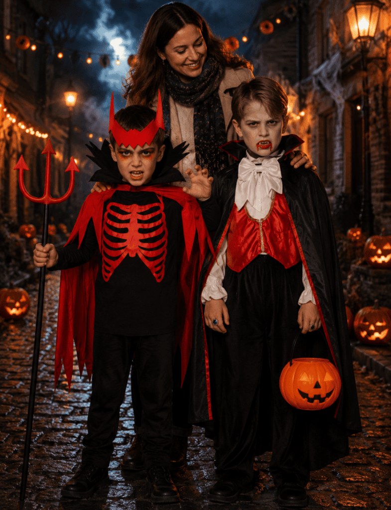 Deux garçons de 5 à 7 ans portent des déguisements Halloween adaptés aux premières envies de faire peur : un costume de diablotin rouge et noir avec cape et trident, et une tenue de vampire avec cape noire, gilet rouge, nœud blanc et maquillage pâle. L’image illustre des costumes effrayants mais encore accessibles pour les jeunes enfants.