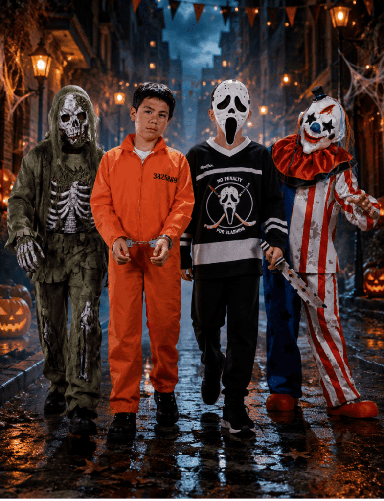 Quatre garçons portent des déguisements Halloween tendance 2026 dans une rue décorée de nuit. On voit un squelette zombie vert, un prisonnier orange, un costume Ghost Face noir et blanc et un clown effrayant rouge, bleu et blanc, avec citrouilles lumineuses, pavés mouillés, brume et ambiance Halloween cinématographique.