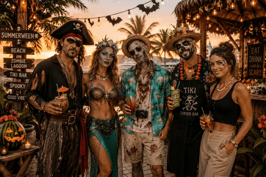 Cinq adultes costumés en pirate fantôme, sirène inquiétante, vacancier zombie, serveur de tiki bar hanté et invitée au maquillage discret posent lors d’une fête Summerween tropicale au coucher du soleil.